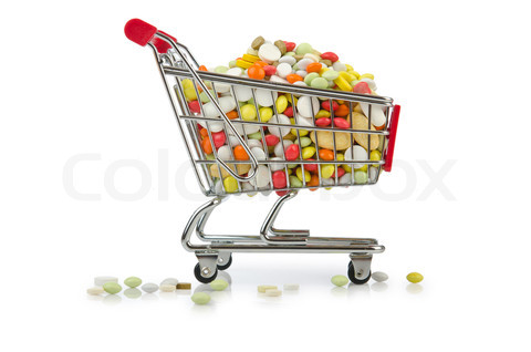 Shopping cart with many colourful pills