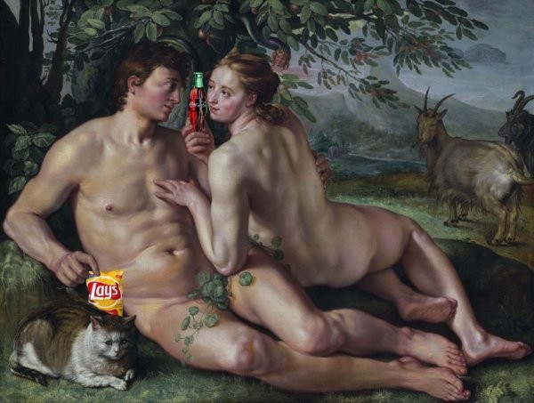 junk-food-liquid-candy-hits-early-in the-genetic-pool-adam-eve-getting-down-with-frito-lay-and-coke